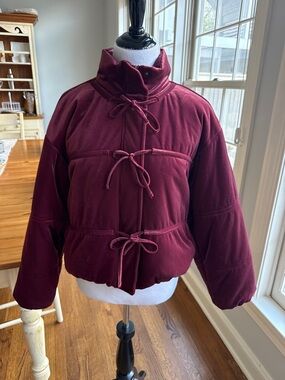 Future Collective Women's Velvet Bow-Tie Puffer Jacket - Burgundy, Size S.  NEW